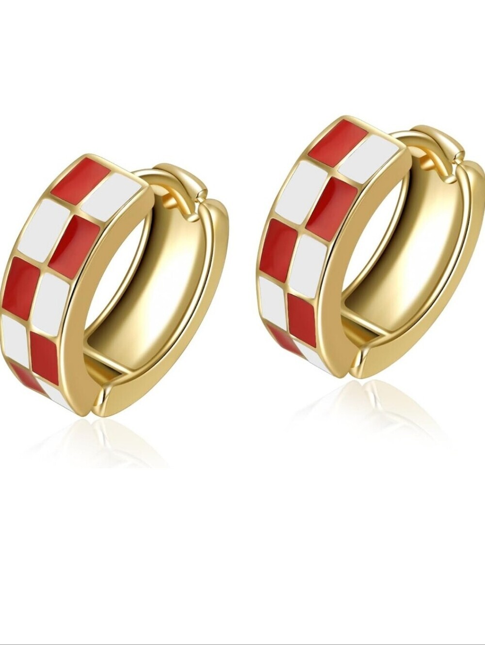 Gold Huggie Hoop Earrings with Red and White Enamel Check Pattern